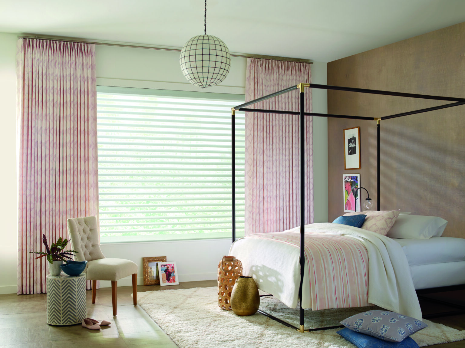2 pinch Euro pleat traversing draperies over sheer shades add warmth and personality to create your bedroom haven (1)