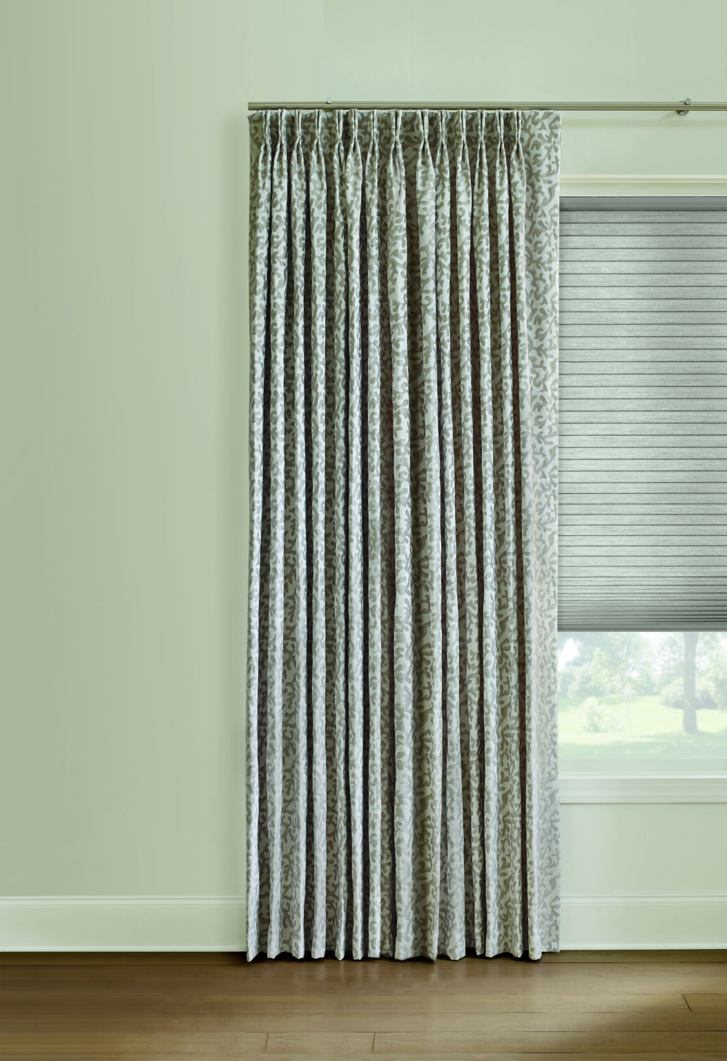 light filtering honeycomb shade with 2 pinch pleat draperies (1)